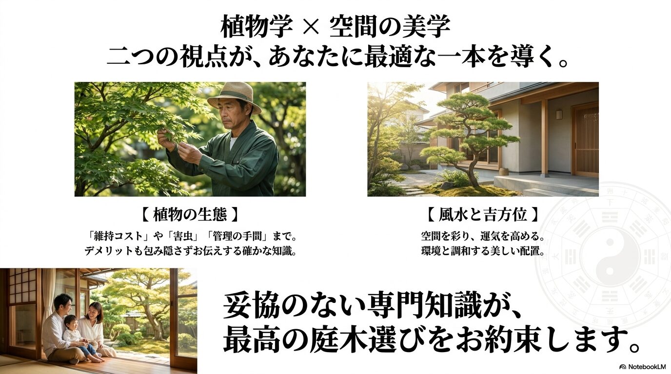 ③「植物学」と「空間の美学」の融合。維持コストや害虫などの植物の生態に関する確かな知識と、運気を高める風水・吉方位の視点を掛け合わせ、妥協のない専門知識で最高の庭木選びをお約束します。