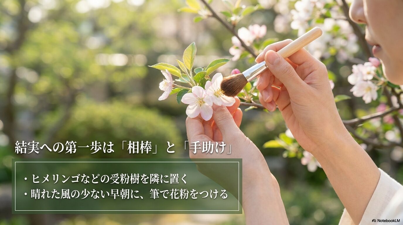 ヒメリンゴなどの受粉樹を隣に置くことや、晴れた早朝に筆で花粉をつける結実への手助けを解説したスライド