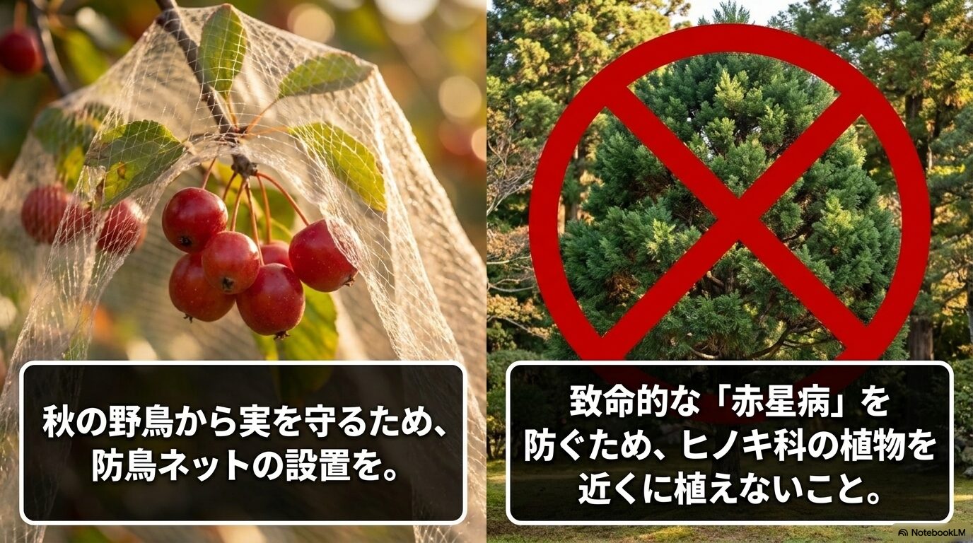 秋の野鳥から実を守る防鳥ネットの設置と、赤星病を防ぐためヒノキ科を近くに植えないことを伝えるスライド