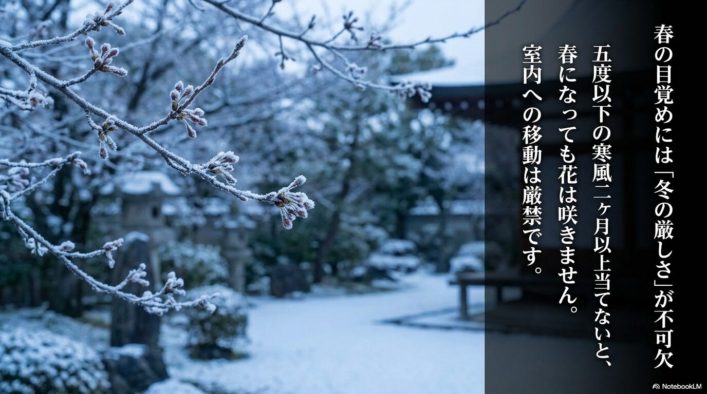 5度以下の寒風に2ヶ月以上当てないと花が咲かないため、室内への移動は厳禁であることを伝えるスライド