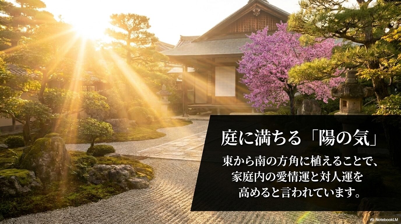 東から南の方角に植えることで家庭内の愛情運と対人運を高める陽の気について解説するスライド