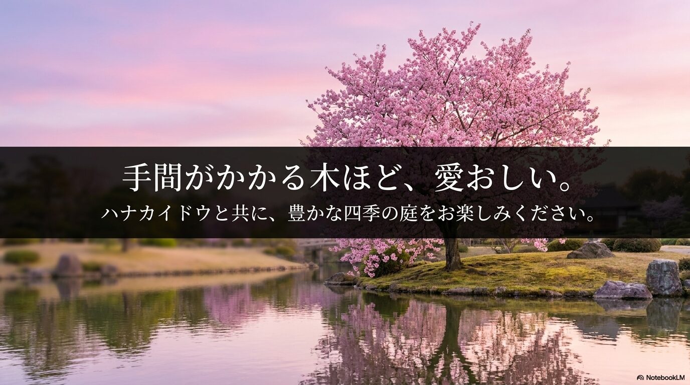 手間がかかる木ほど愛おしい、ハナカイドウと共に豊かな四季の庭をお楽しみくださいという締めくくりのメッセージ