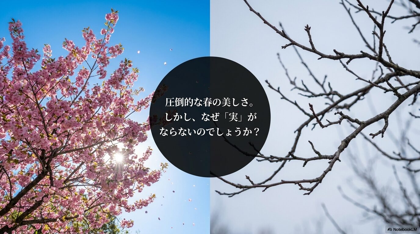圧倒的な春の美しさ。しかし、なぜ実がならないのでしょうか？と疑問を投げかけるスライド