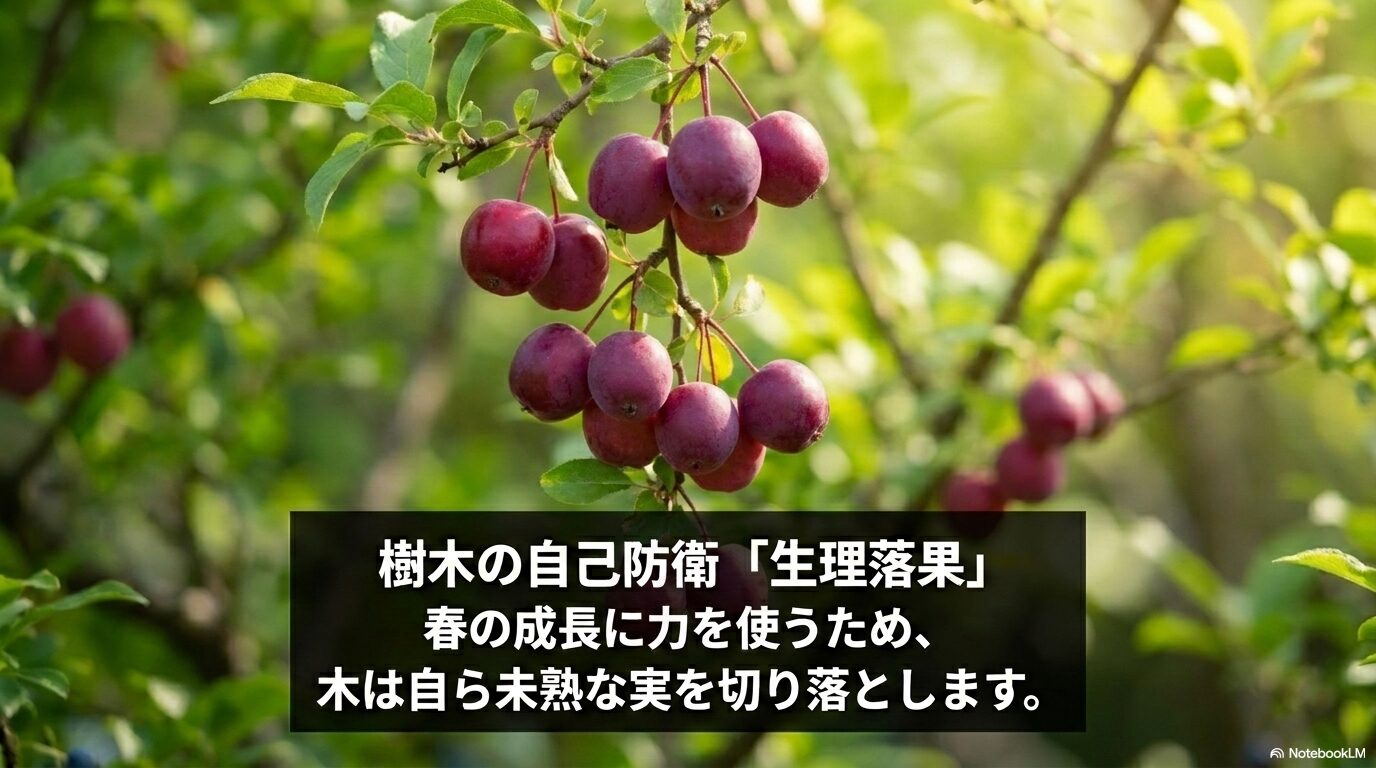 樹木の自己防衛である生理落果により、春の成長に力を使うため未熟な実を切り落とすことを解説したスライド