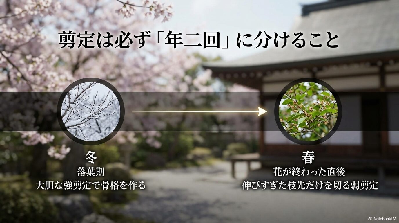 冬の落葉期の大胆な強剪定と、春の花後の伸びすぎた枝先を切る弱剪定について解説した図