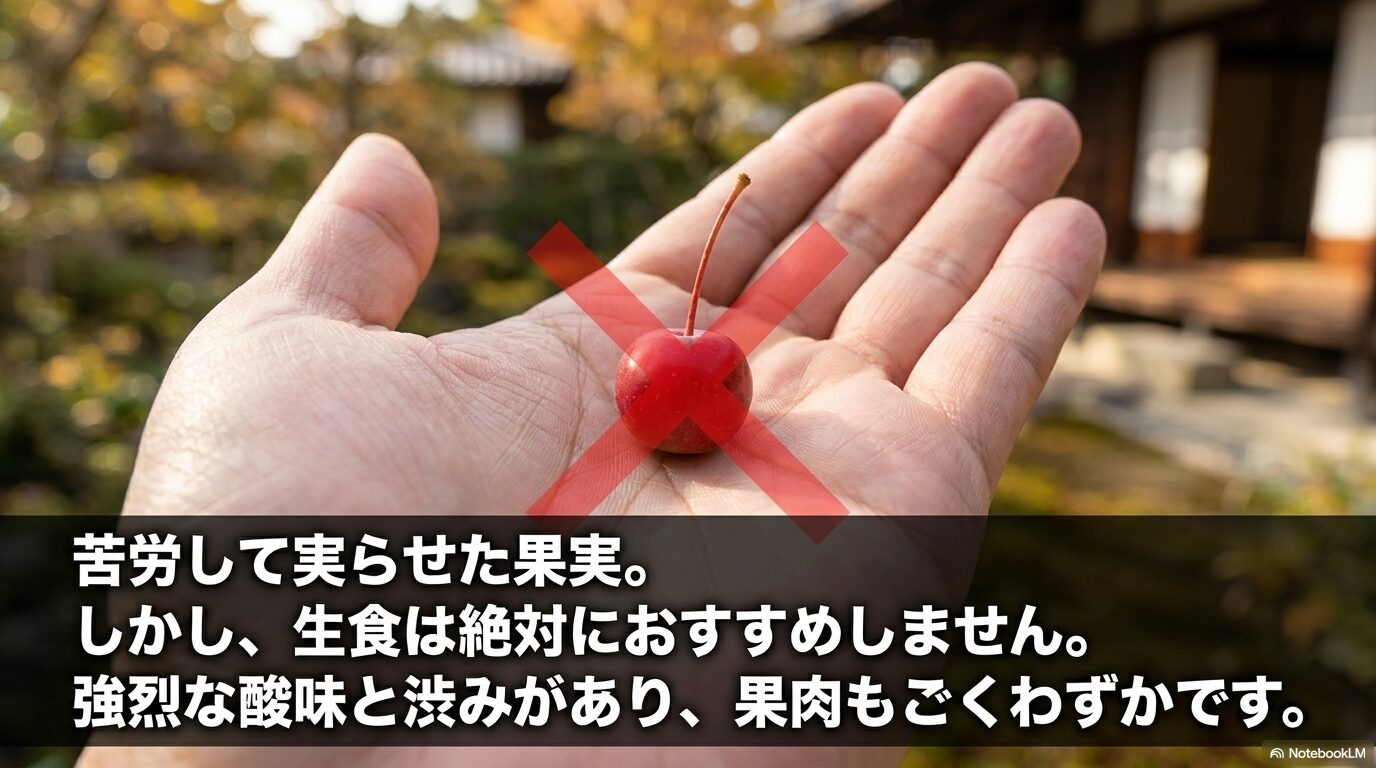 強烈な酸味と渋みがあり果肉もわずかなため、苦労して実らせた果実でも生食は絶対におすすめしないと警告するスライド