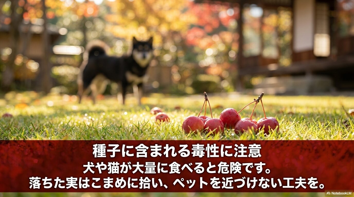 犬や猫が大量に食べると危険なため、落ちた実はこまめに拾いペットを近づけない工夫を促すスライド