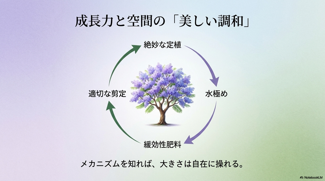 メカニズムを知ることで大きさを自在に操るジャカランダの成長管理のまとめ