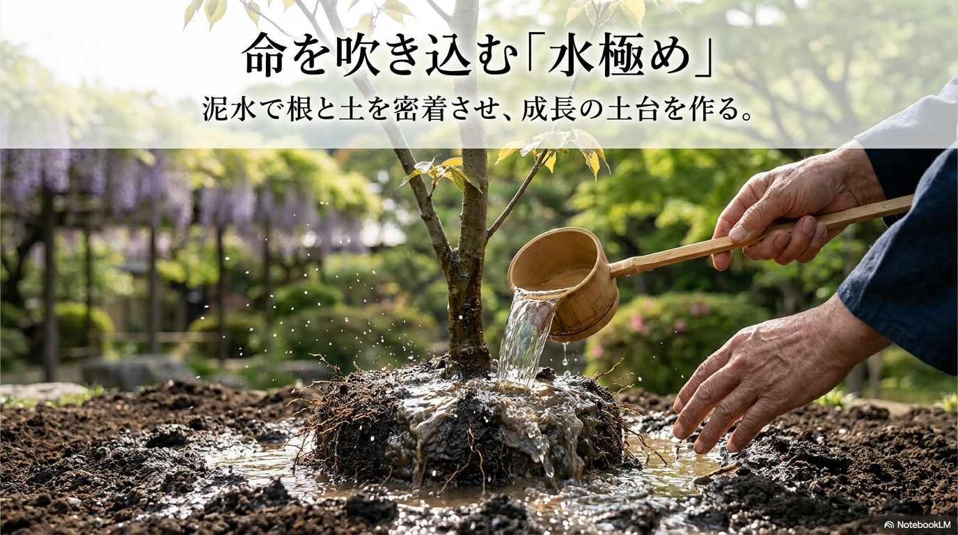 泥水で根と土を密着させ成長の土台を作るジャカランダの水極め作業