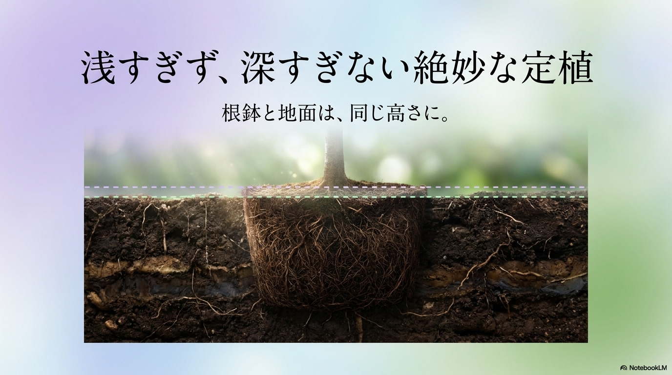 根鉢と地面を同じ高さにするジャカランダの絶妙な定植方法
