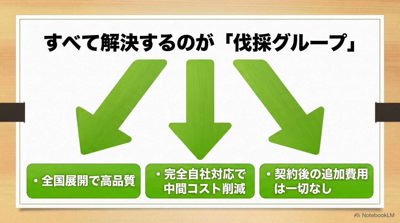 伐採グループの特徴である「全国展開で高品質」「完全自社対応で中間コスト削減」「契約後の追加費用は一切なし」を解説したスライド