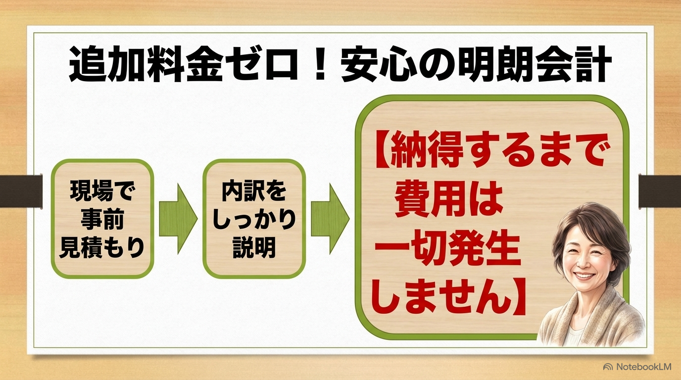 現場での事前見積もり、内訳のしっかりした説明、納得するまで費用が発生しない明朗会計の仕組みを解説したスライド