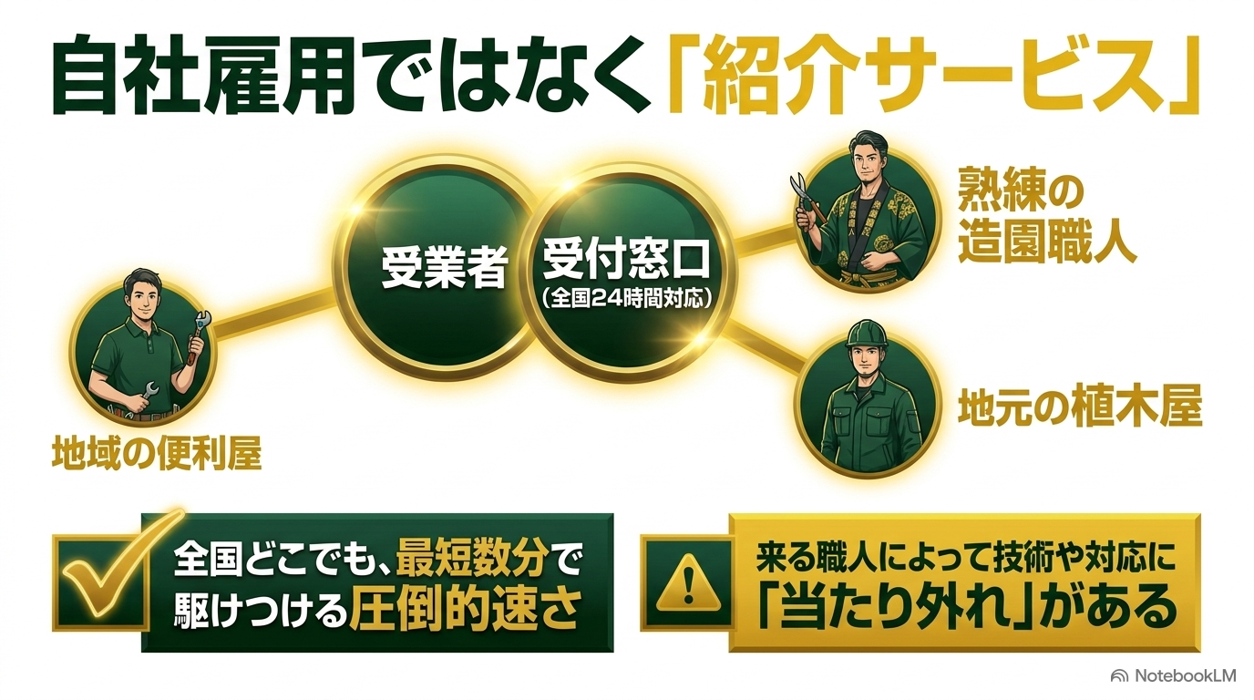 自社雇用ではなく「紹介サービス」。全国どこでも駆けつける圧倒的速さがある一方、来る職人によって技術や対応に「当たり外れ」がある