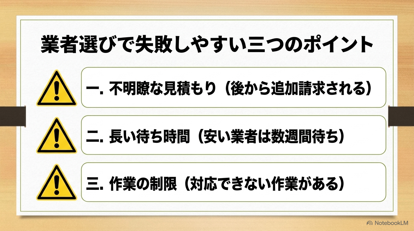業者選びで失敗しやすいポイントとして、不明瞭な見積もり、長い待ち時間、作業の制限の3つを挙げた解説スライド