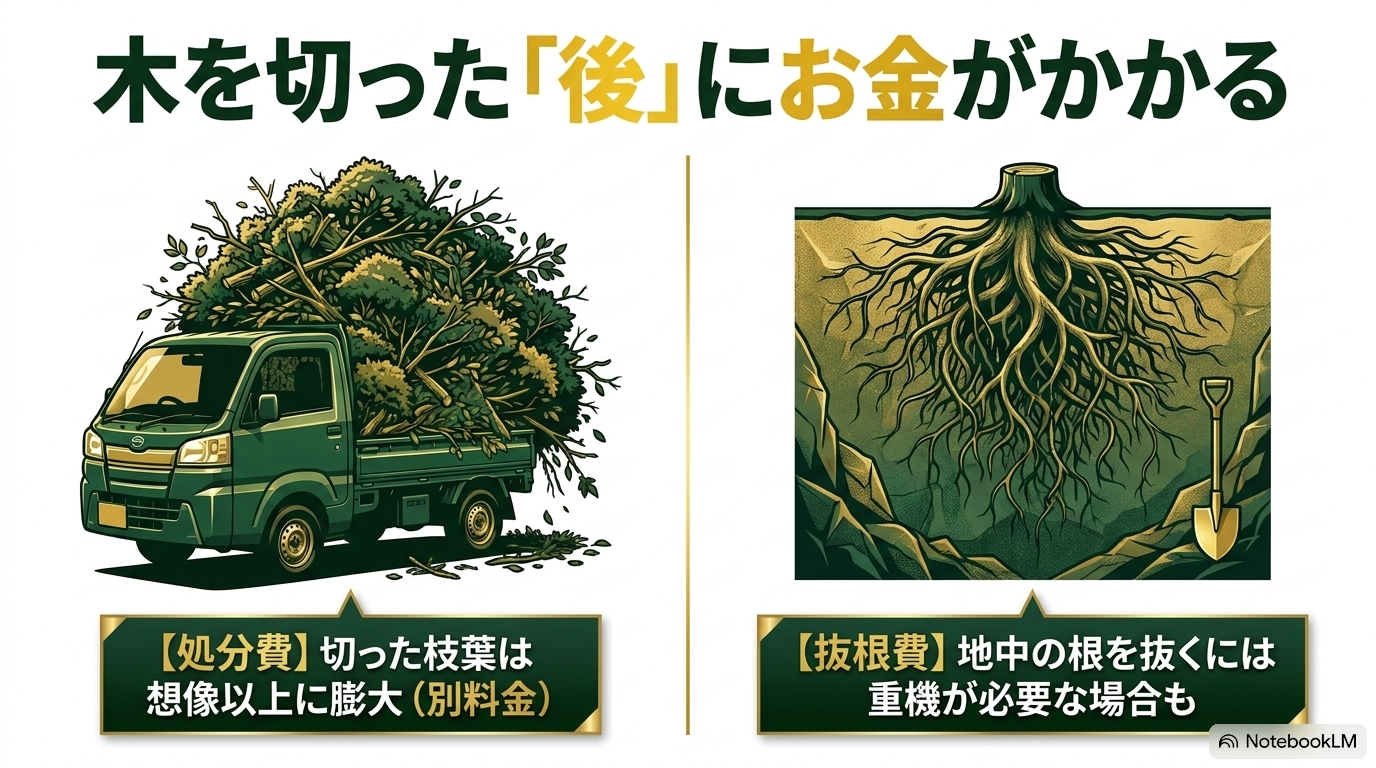 木を切った「後」にお金がかかる。処分費として切った枝葉は想像以上に膨大。抜根費として地中の根を抜くには重機が必要な場合も