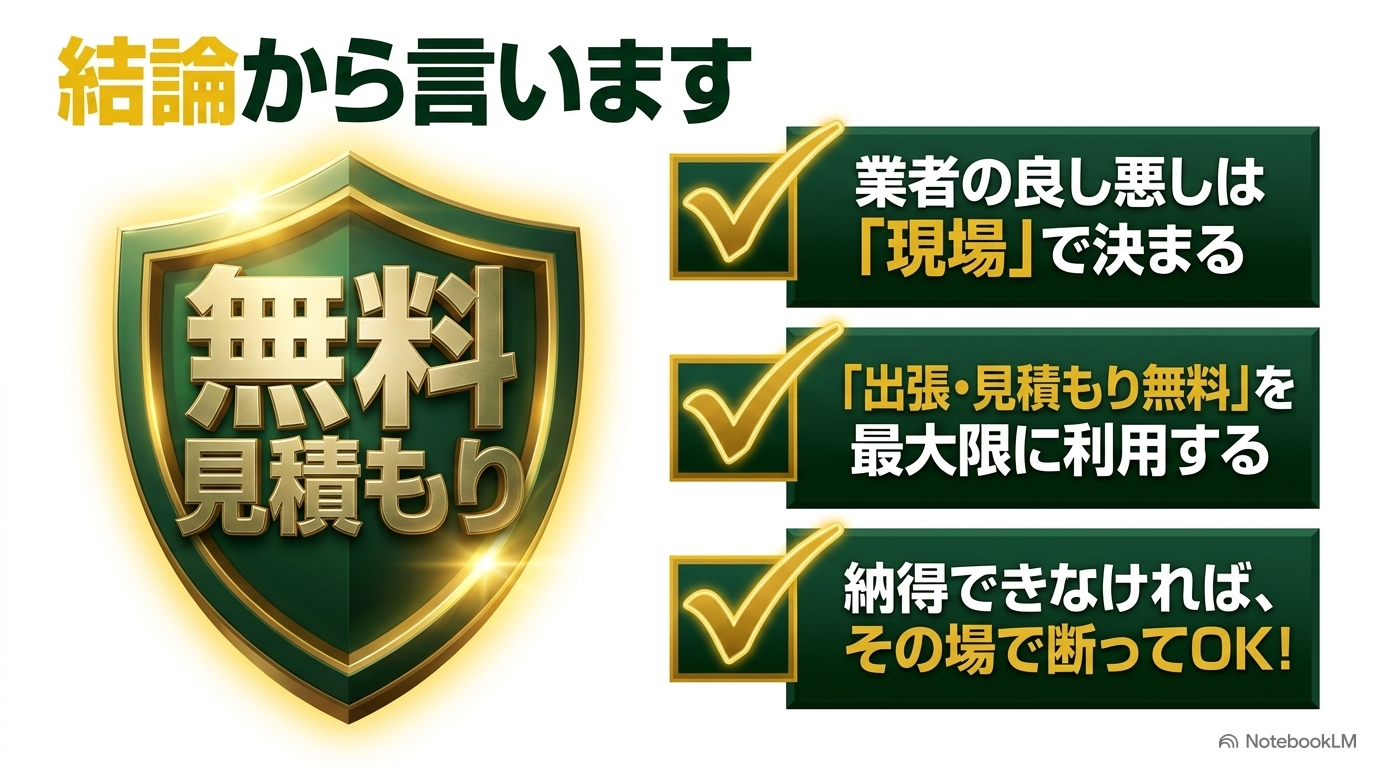 結論から言います。業者の良し悪しは「現場」で決まる。「出張・見積もり無料」を最大限に利用する。納得できなければ、その場で断ってOK!