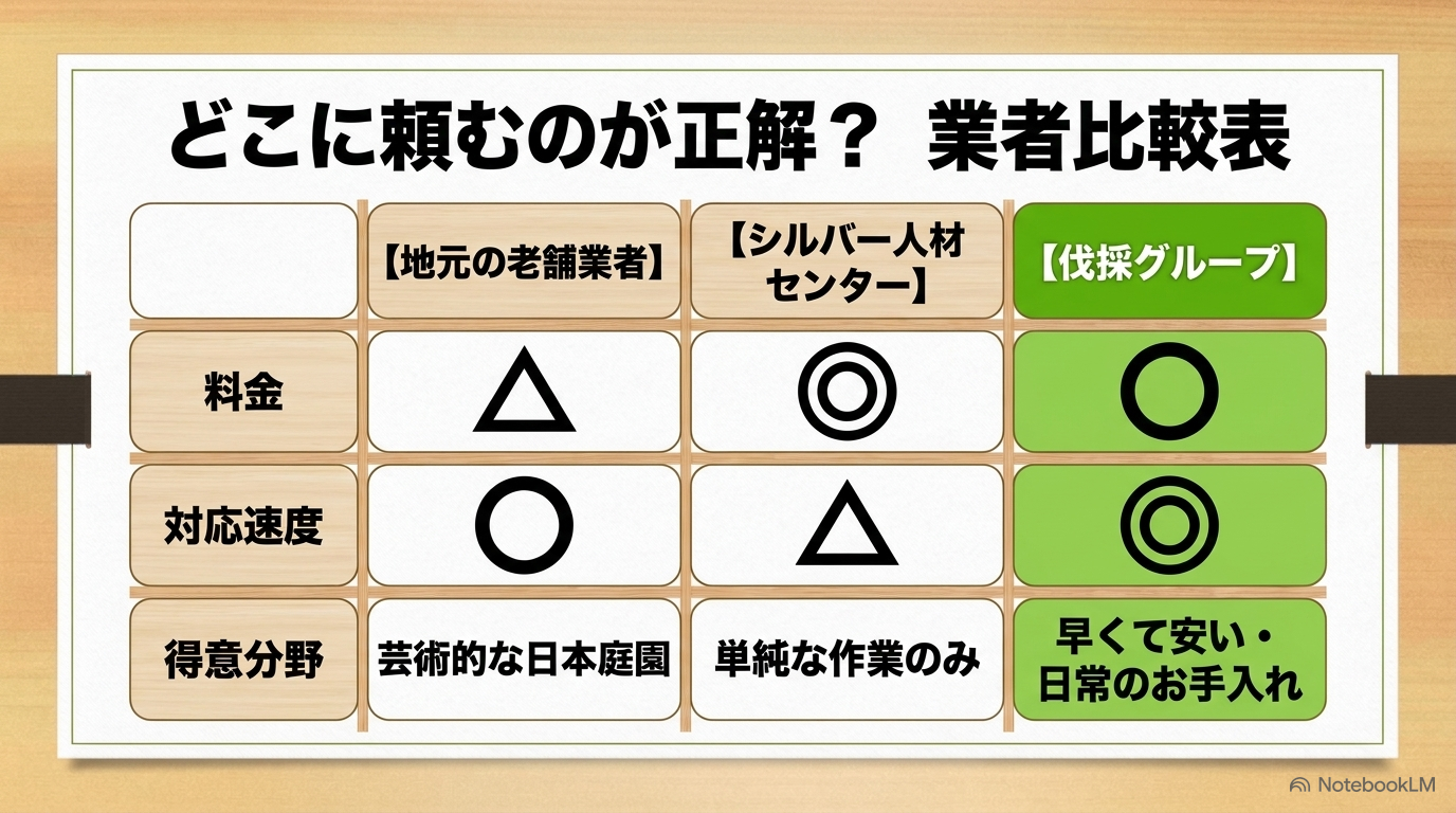 地元の老舗業者、シルバー人材センター、伐採グループの3者を、料金・対応速度・得意分野の項目で比較した一覧表スライド