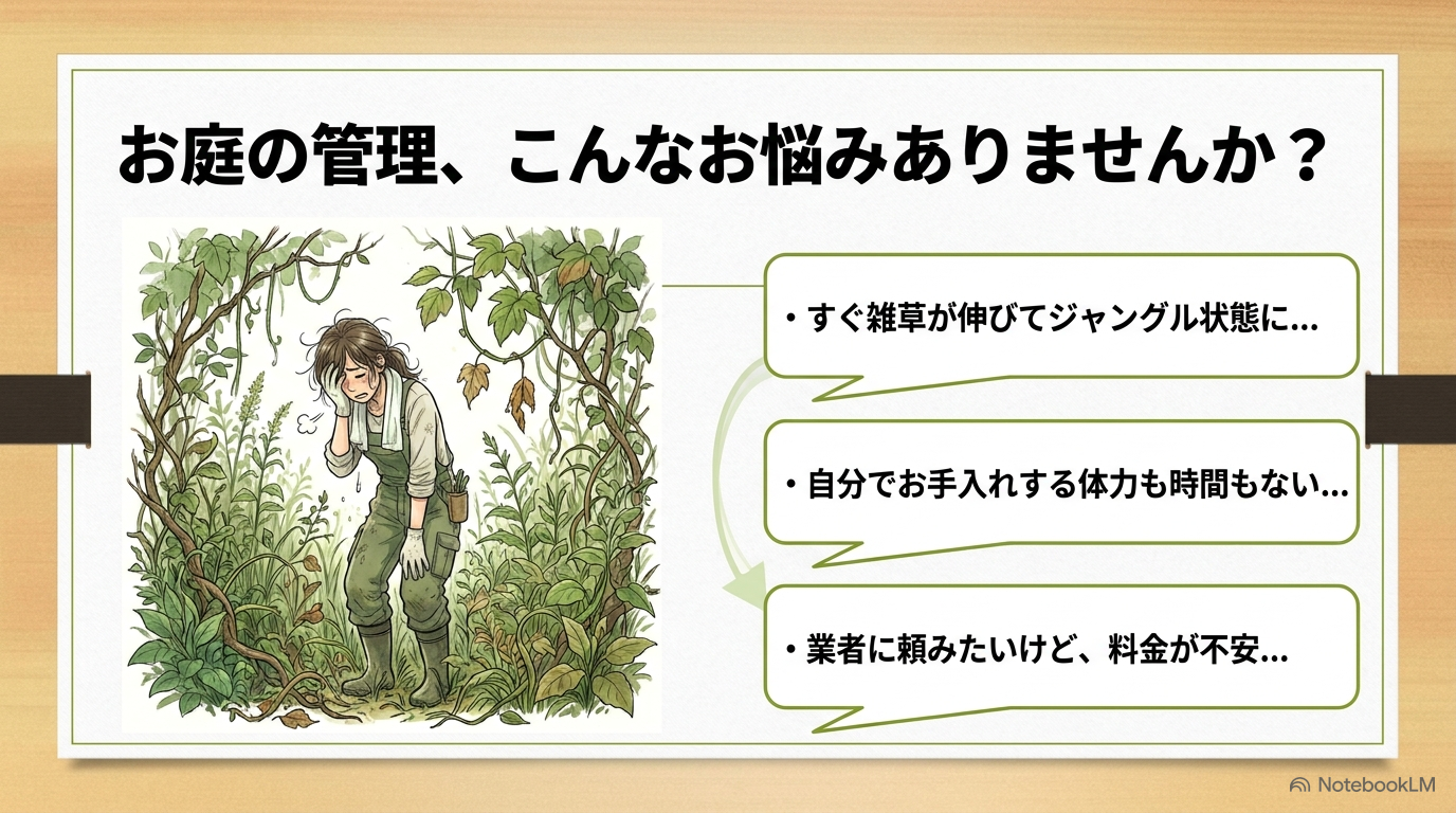 雑草が伸びてジャングル状態になった庭で困惑している女性のイラストと、庭管理の悩み(雑草、体力・時間不足、料金への不安)をまとめたスライド
