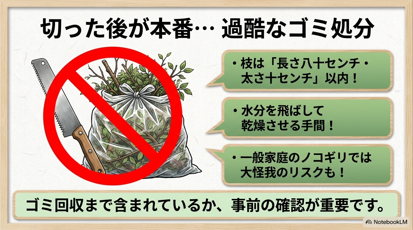 ノコギリとゴミ袋に入った大量の枝葉のイラストとともに、80センチ以内の切断ルールや乾燥の手間、大怪我のリスクなど、過酷なゴミ処分について解説したスライド