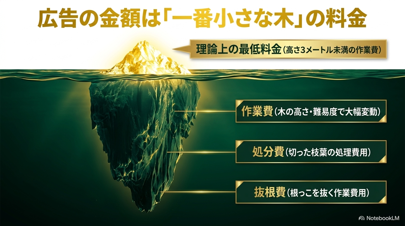広告の金額は「一番小さな木」の料金。理論上の最低料金に加えて、作業費、処分費、抜根費がかかる