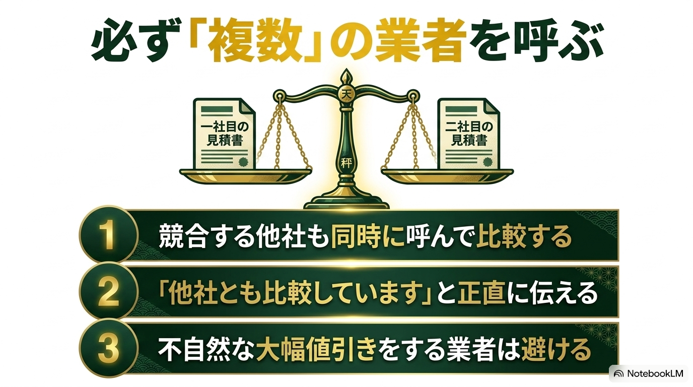 必ず「複数」の業者を呼ぶ。競合する他社も同時に呼んで比較し、「他社とも比較しています」と正直に伝える。不自然な大幅値引きをする業者は避ける
