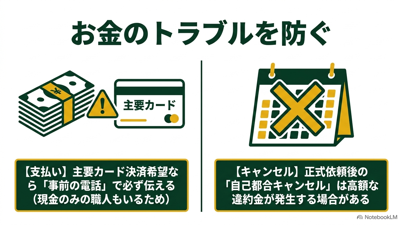 お金のトラブルを防ぐ。主要カード決済希望なら事前の電話で必ず伝える。正式依頼後の自己都合キャンセルは高額な違約金が発生する場合がある