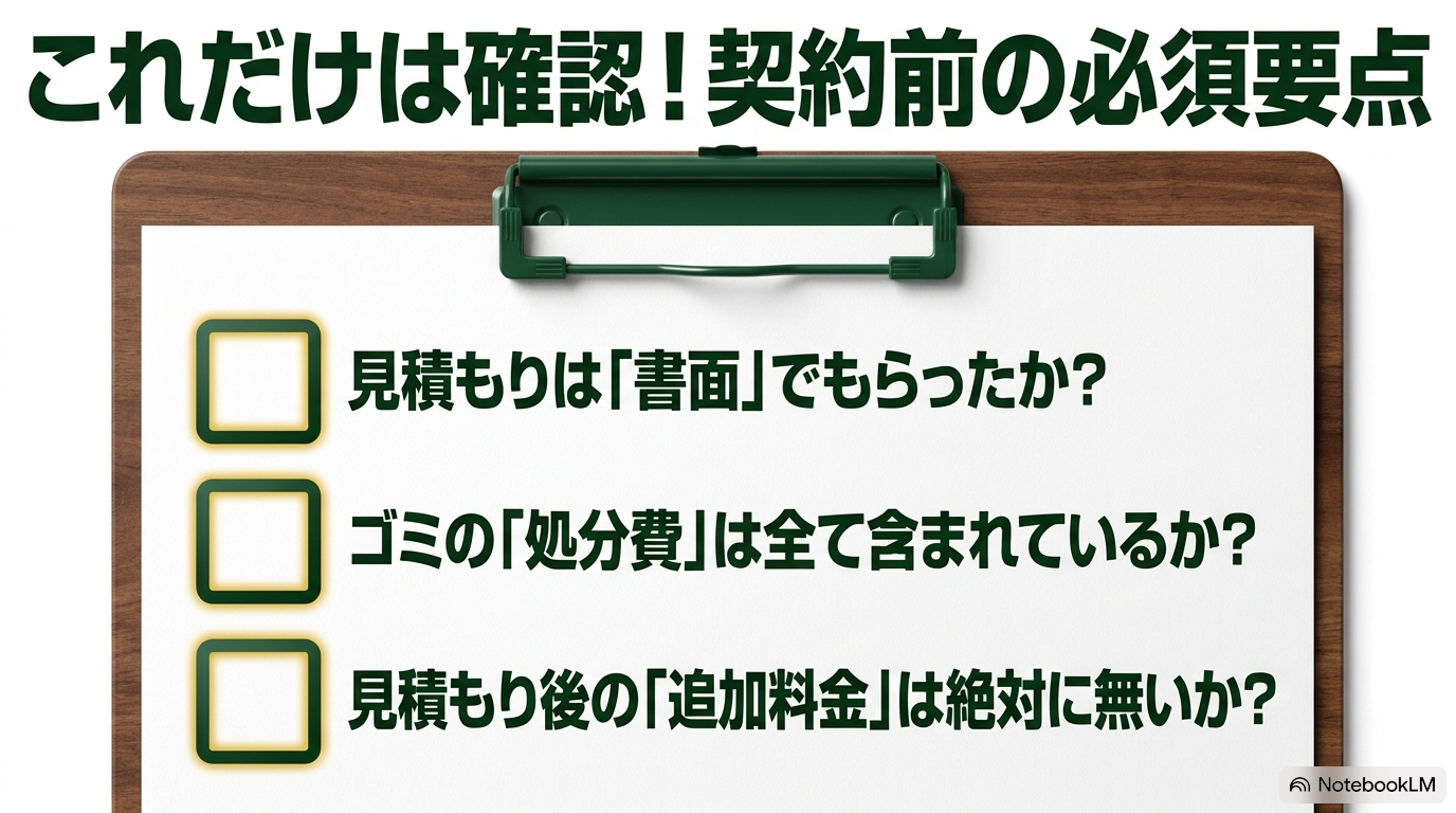 これだけは確認!契約前の必須要点。見積もりは「書面」でもらったか?ゴミの「処分費」は全て含まれているか?見積もり後の「追加料金」は絶対に無いか?