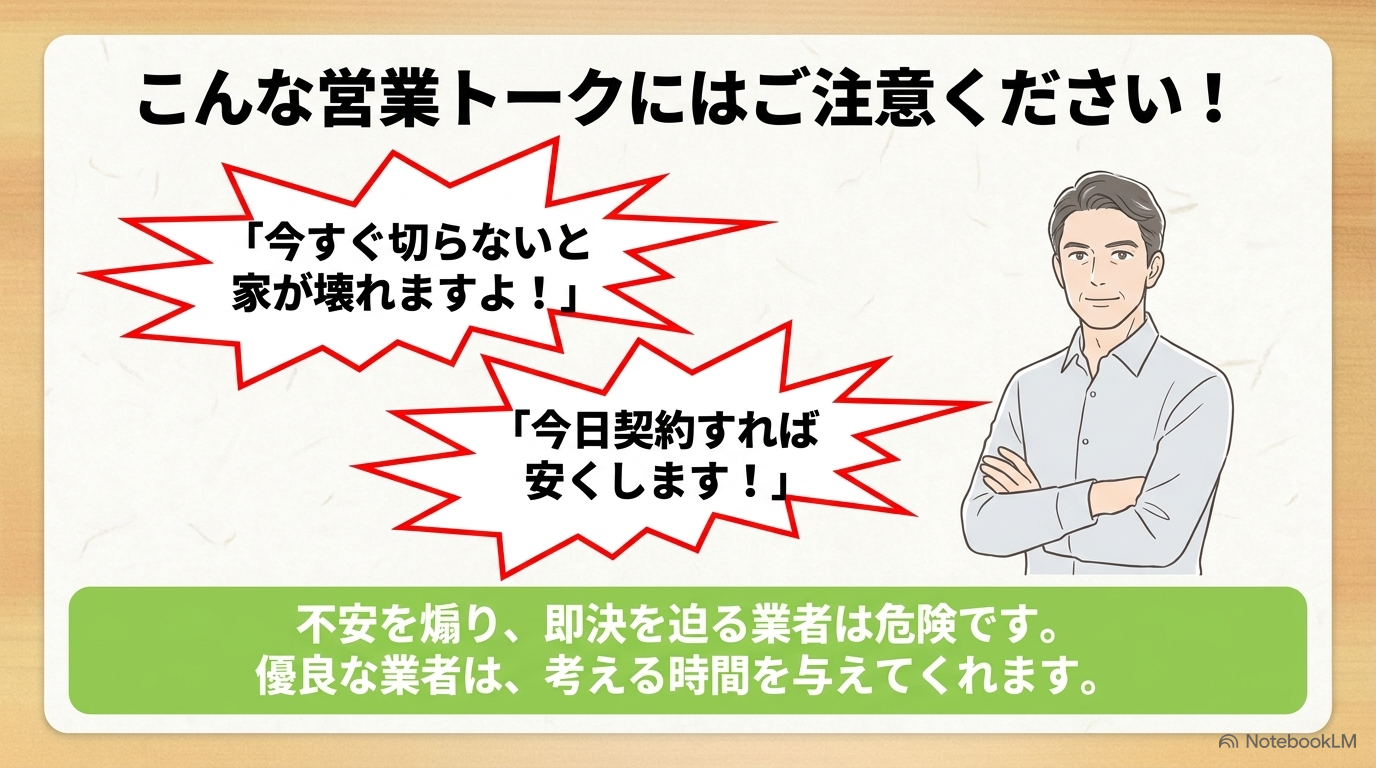 「今すぐ切らないと家が壊れますよ!」「今日契約すれば安くします!」と不安を煽り即決を迫る悪徳業者の危険な営業トークへの注意喚起スライド