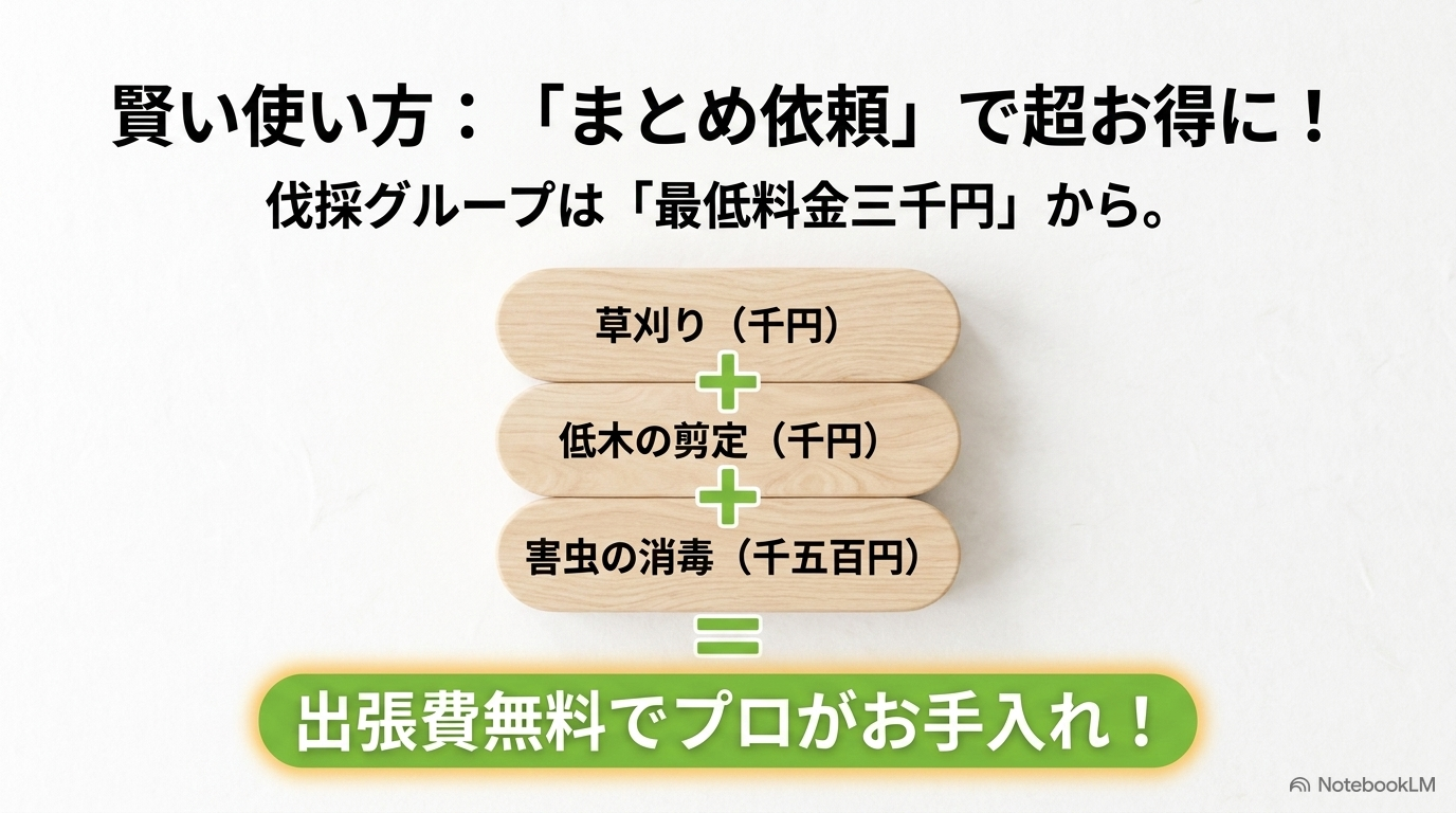 伐採グループの最低料金3000円を活用し、草刈り、低木の剪定、害虫の消毒などをまとめて依頼することで出張費無料でプロにお手入れを頼める賢い使い方を解説したスライド