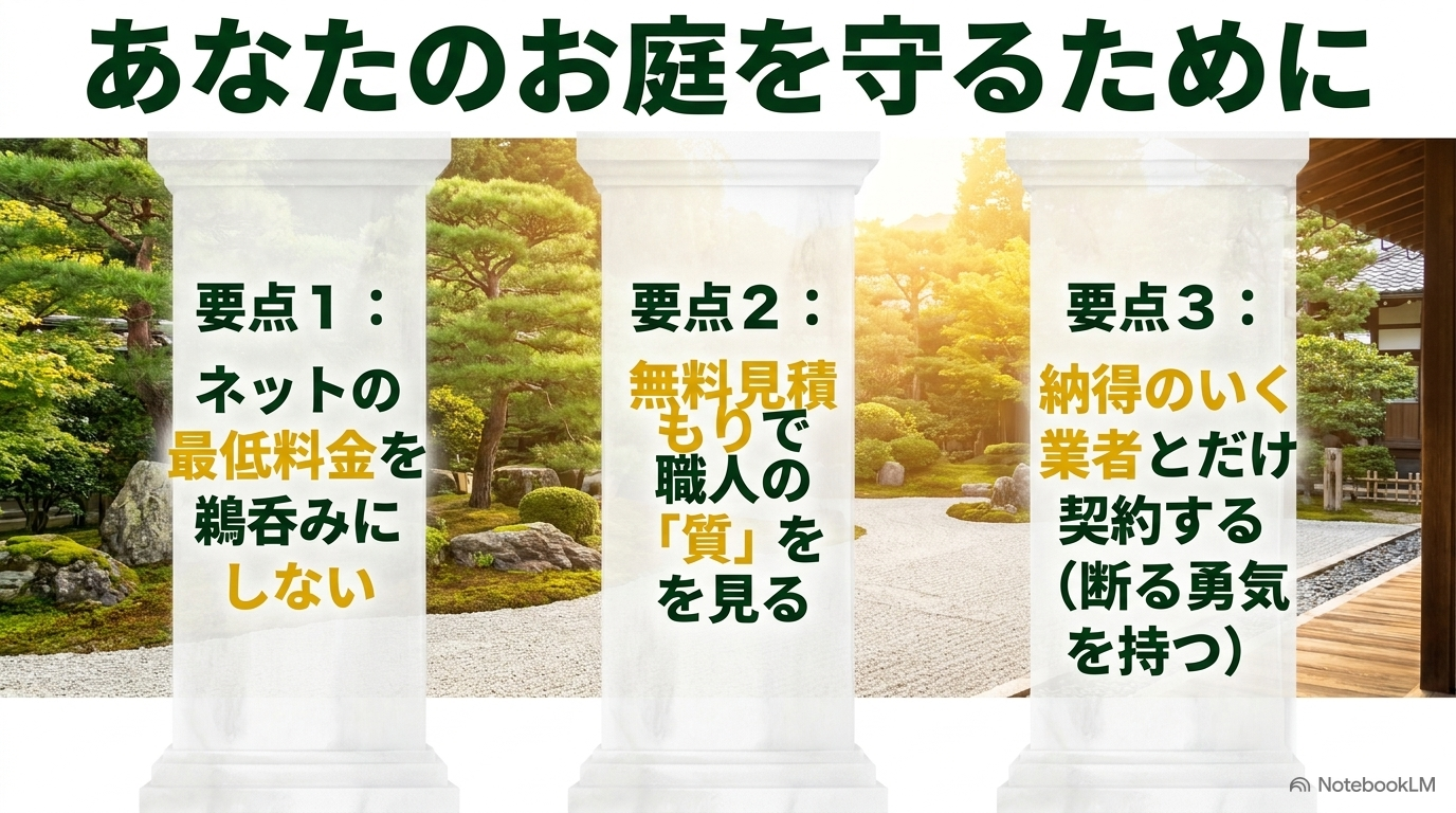 あなたのお庭を守るために。要点1:ネットの最低料金を鵜呑みにしない。要点2:無料見積もりで職人の「質」を見る。要点3:納得のいく業者とだけ契約する