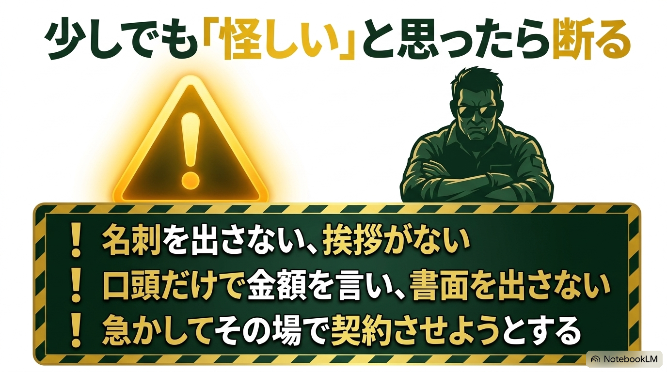 少しでも「怪しい」と思ったら断る。名刺を出さない、挨拶がない、口頭だけで金額を言い書面を出さない、急かしてその場で契約させようとする業者は注意
