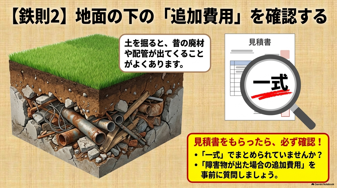 失敗しないための鉄則2：見積書の一式表記に注意し、地面の下の追加費用を事前に質問する