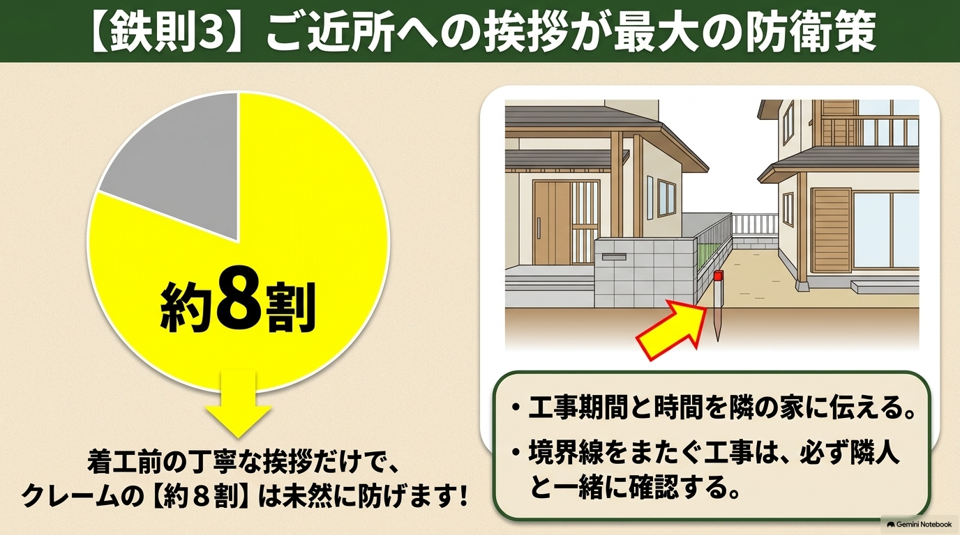 失敗しないための鉄則3：ご近所への着工前の挨拶だけで、クレームの約8割は未然に防げる