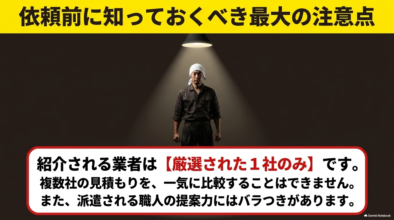 依頼前に知っておくべき最大の注意点（紹介される業者は厳選された1社のみで、複数社の比較は不可）
