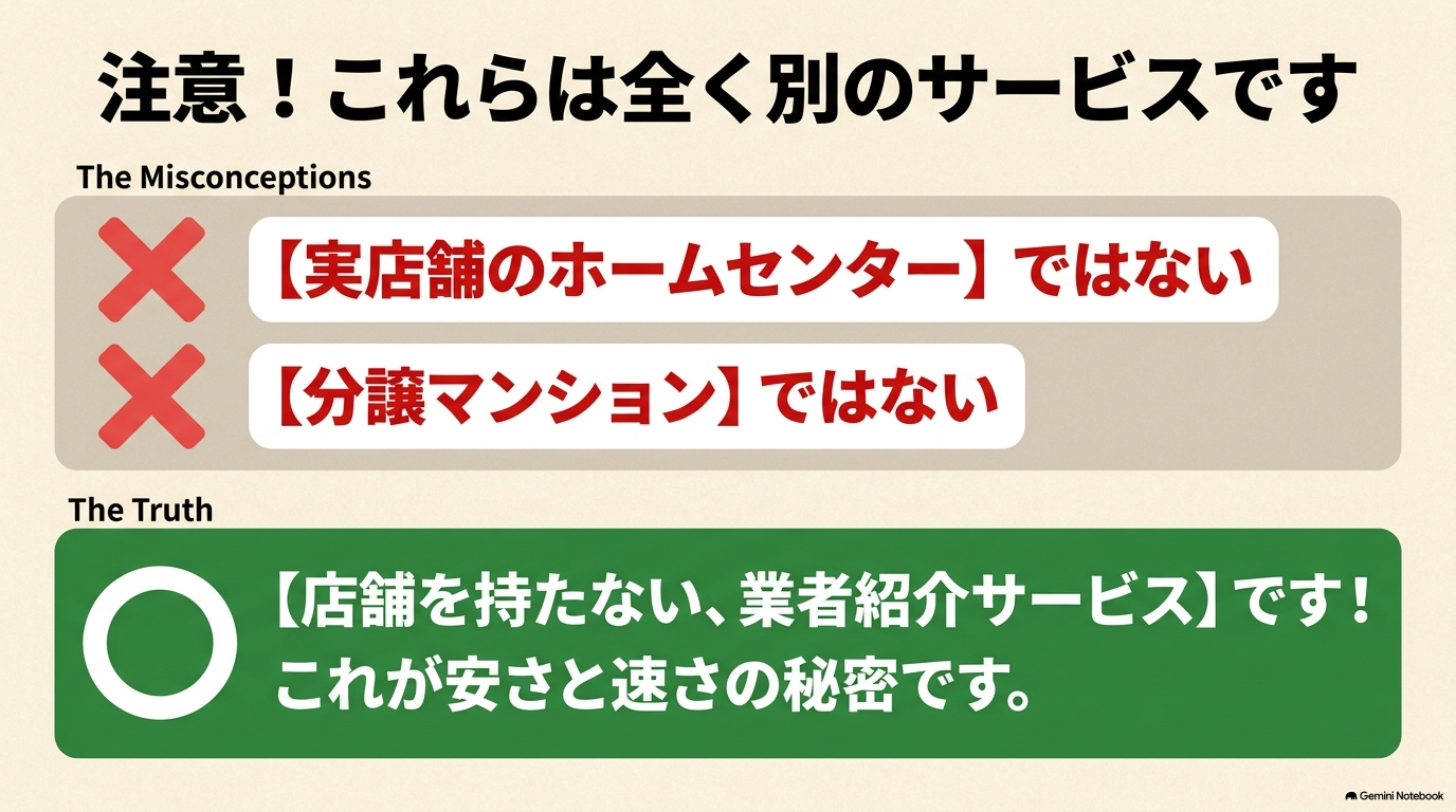 注意！これらは全く別のサービスです（ホームセンターや分譲マンションではなく、業者紹介サービスです）