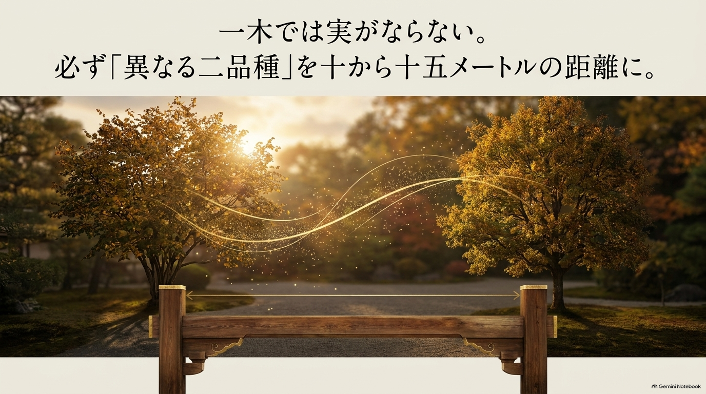 一木では実がならない。必ず「異なる二品種」を十から十五メートルの距離に。