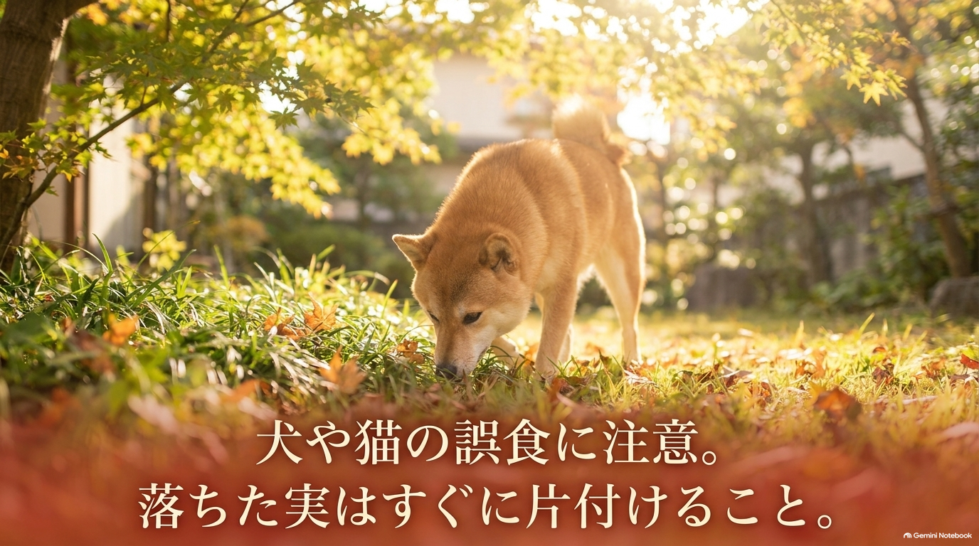 犬や猫の誤食に注意。落ちた実はすぐに片付けること。