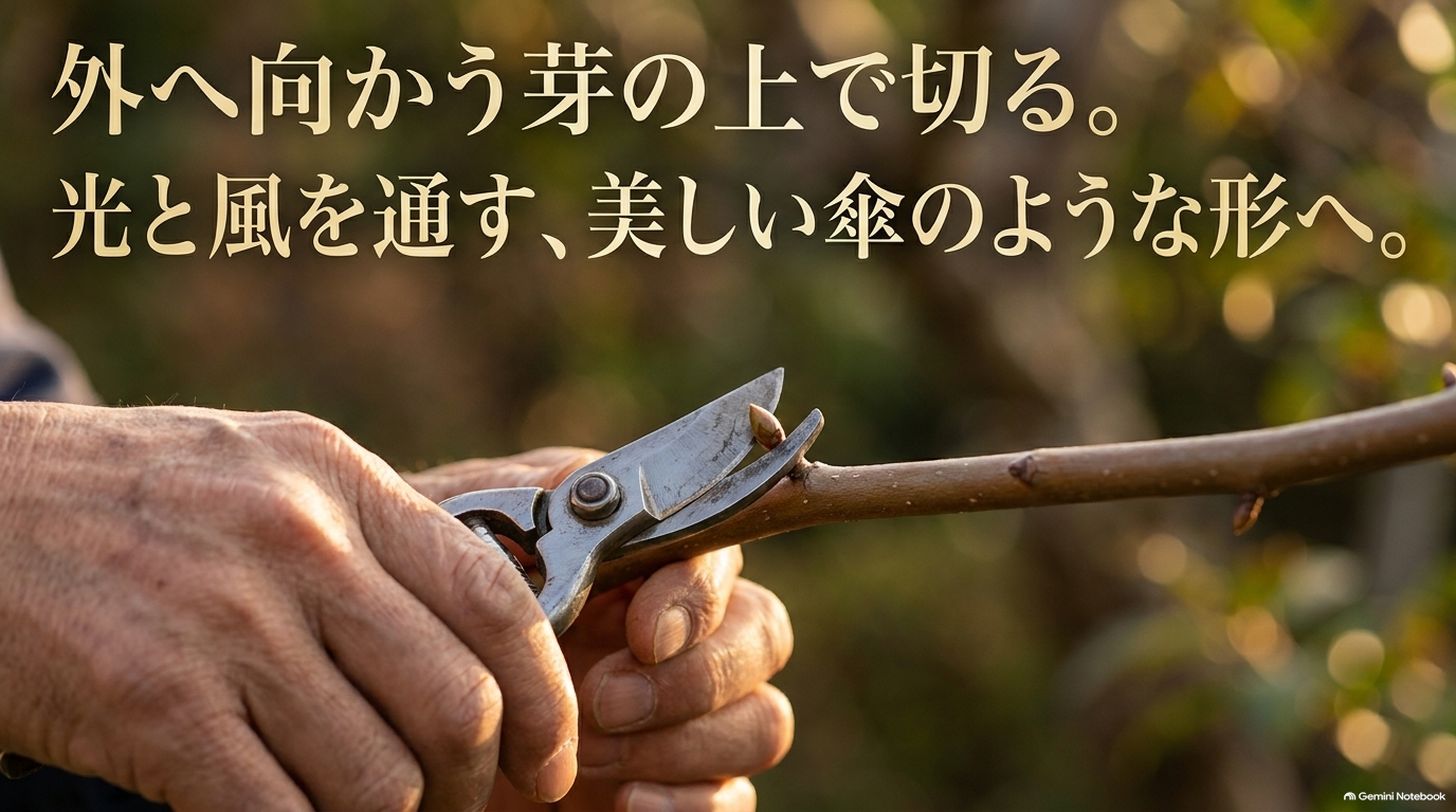 外へ向かう芽の上で切る。光と風を通す、美しい傘のような形へ。