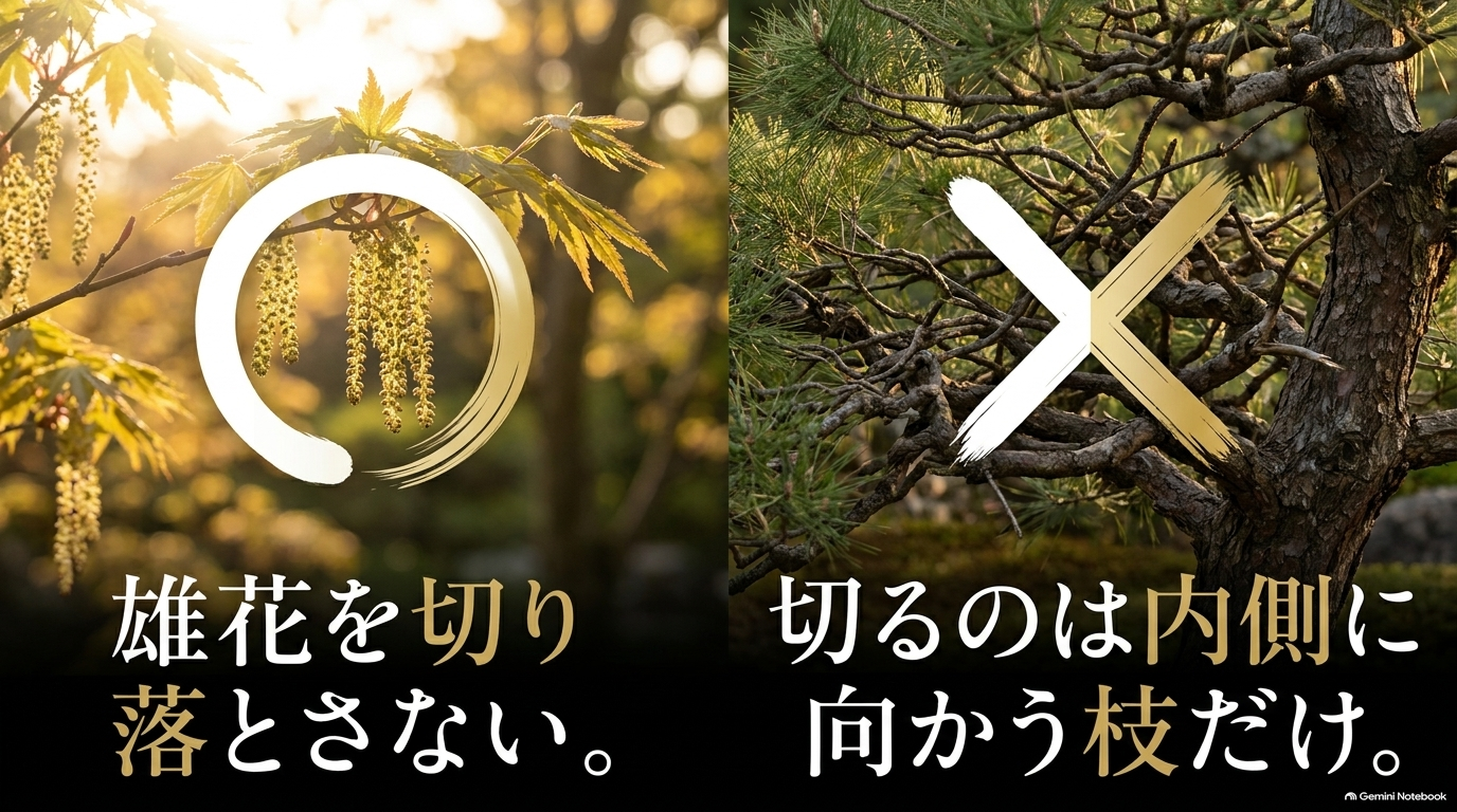 雄花を切り落とさない。切るのは内側に向かう枝だけ。