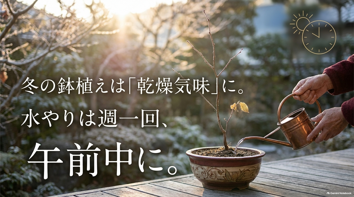 冬の鉢植えは「乾燥気味」に。水やりは週一回、午前中に。