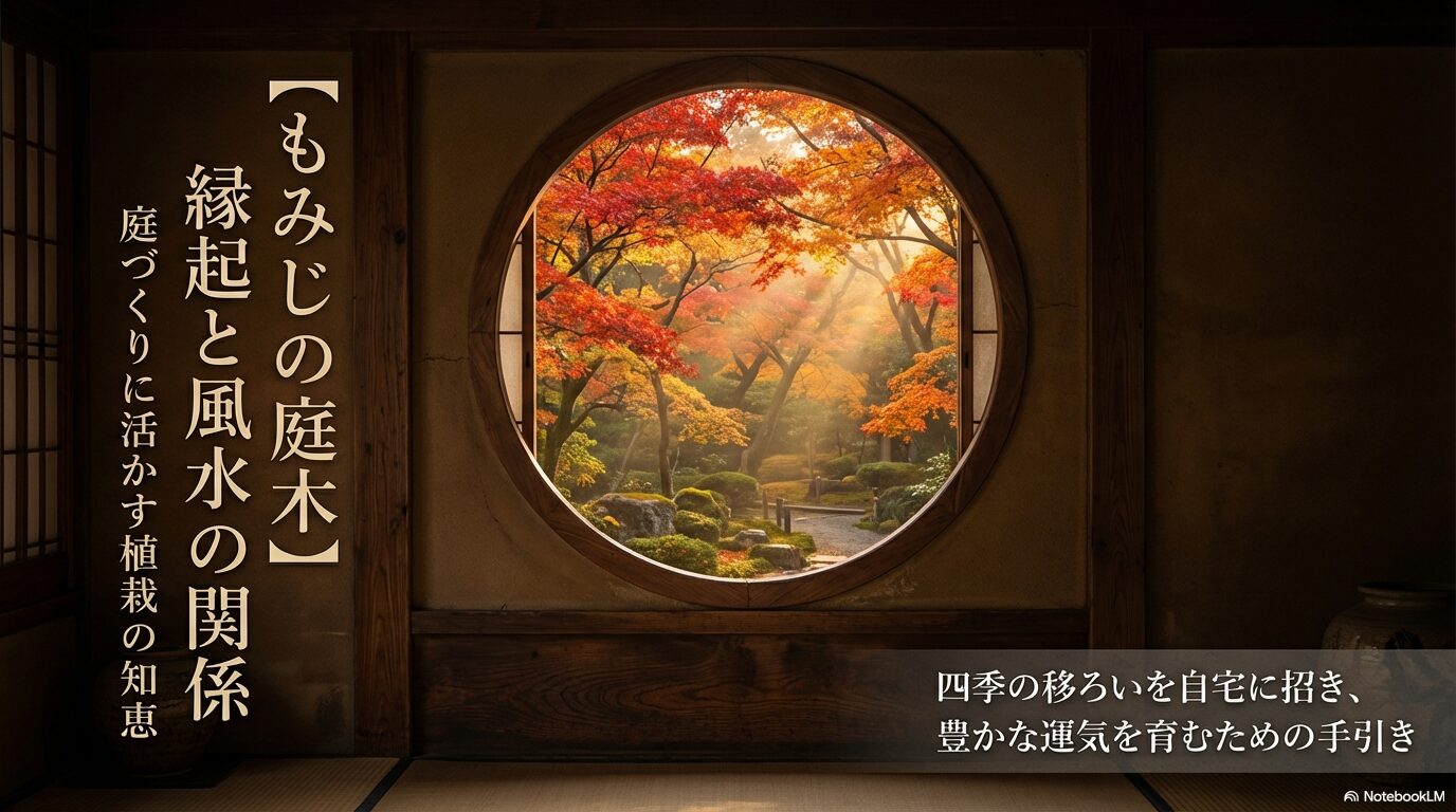 庭づくりに活かす植栽の知恵「もみじの庭木」縁起と風水の関係について解説するタイトルスライド