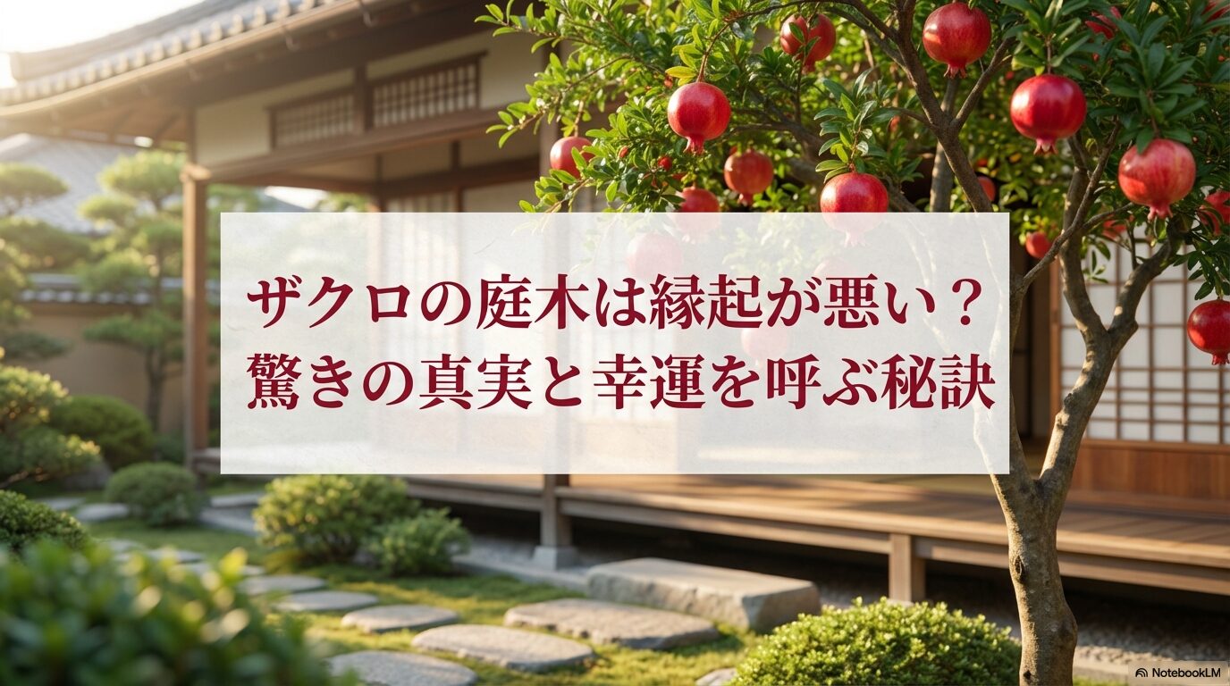 ザクロの庭木に関する縁起の悪さの誤解と、幸運を呼ぶ秘訣についてのタイトルスライド