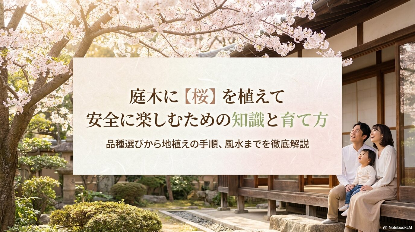 庭木に【桜】を植えて安全に楽しむための知識と育て方 。品種選びから地植えの手順、風水までを徹底解説した手引きの表紙スライド 。
