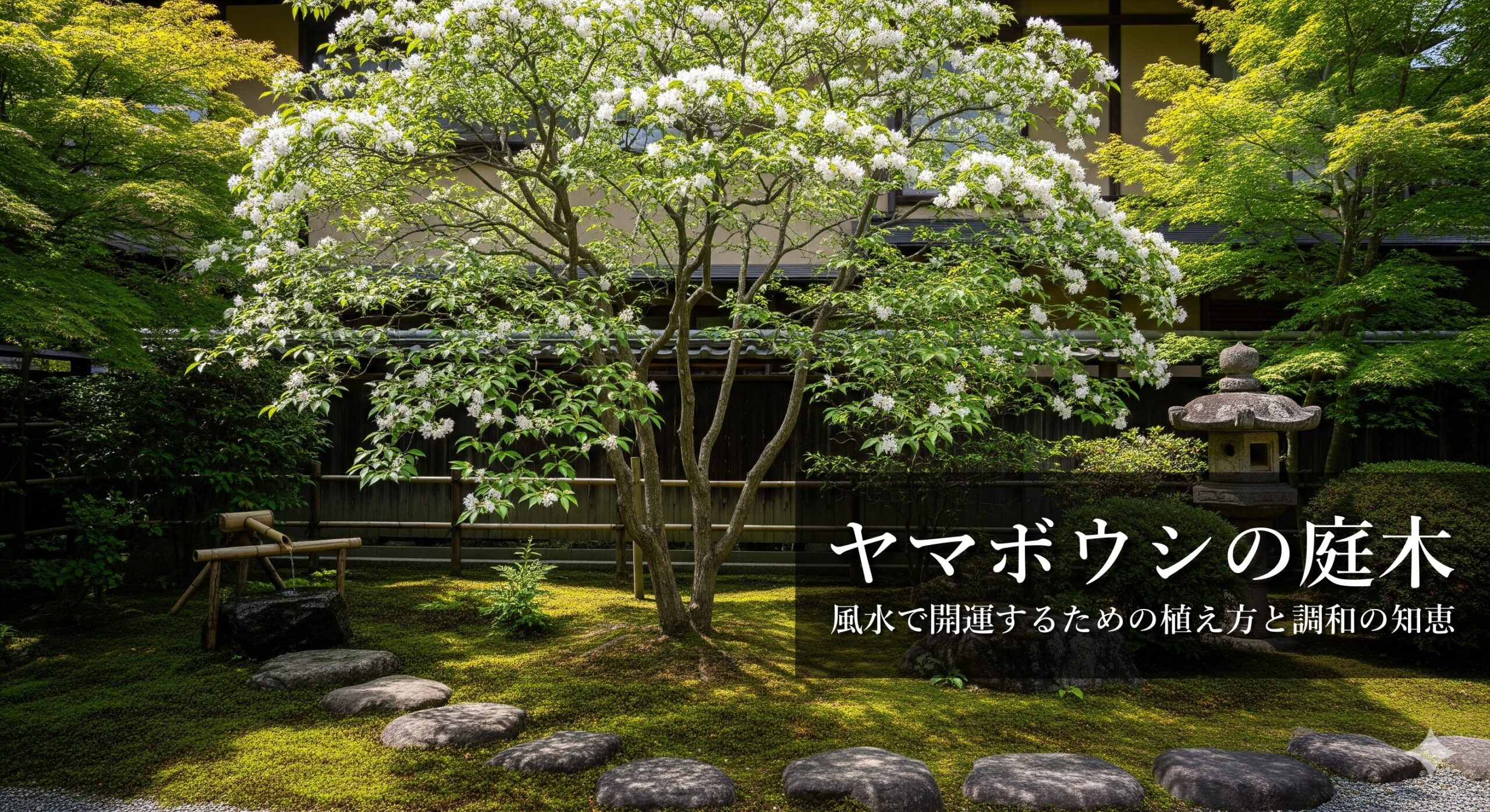 ヤマボウシの庭木を取り入れ、風水で開運するための植え方と調和の知恵をまとめたガイドの表紙画像