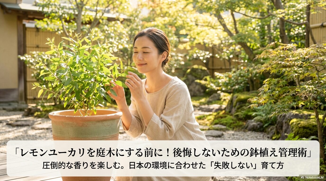 庭先でレモンユーカリの鉢植えの爽やかな香りを楽しむ女性
