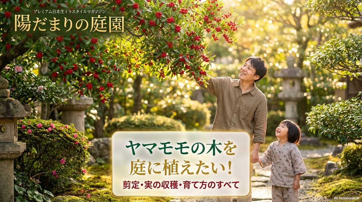 ヤマモモの木を庭に植えたい方向けの、剪定・実の収穫・育て方のすべてがわかる完全ガイドの表紙スライド