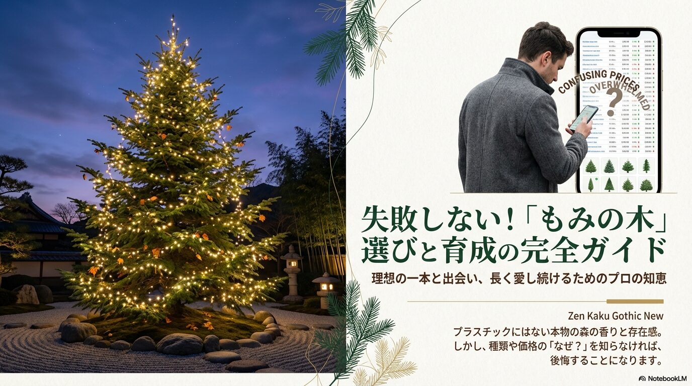 スマホでもみの木の価格を検索し、価格差や種類の多さに混乱している男性のイメージ