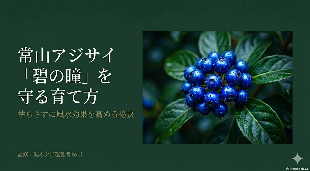 常山アジサイ「碧の瞳」の美しい青い実と、枯らさずに風水効果を高める育て方のタイトルスライド