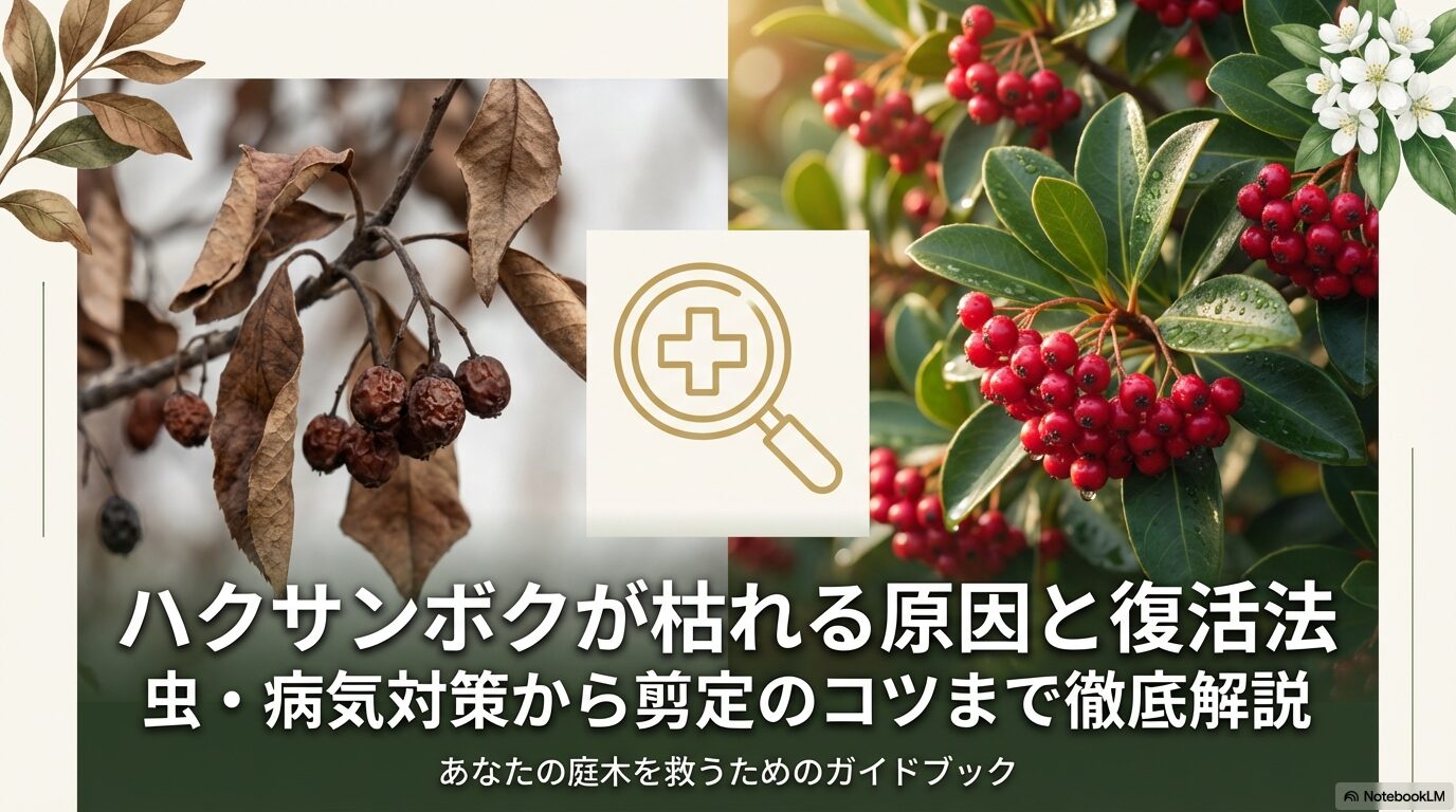 虫眼鏡のアイコンと共に「ハクサンボクが枯れる原因と復活法 虫・病気対策から剪定のコツまで徹底解説」と書かれた表紙スライド