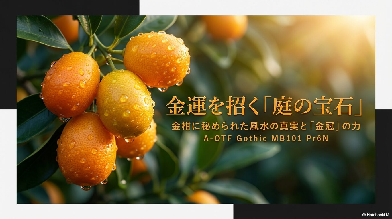 金柑の風水ガイド表紙。「庭の宝石」というキャッチコピーと、金冠の力を解説するタイトルスライド。